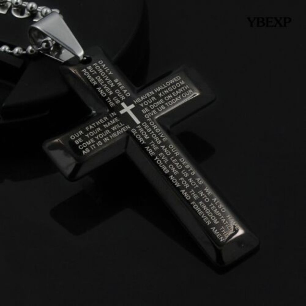 Men Stainless Steel Cross Pendant Black Necklace